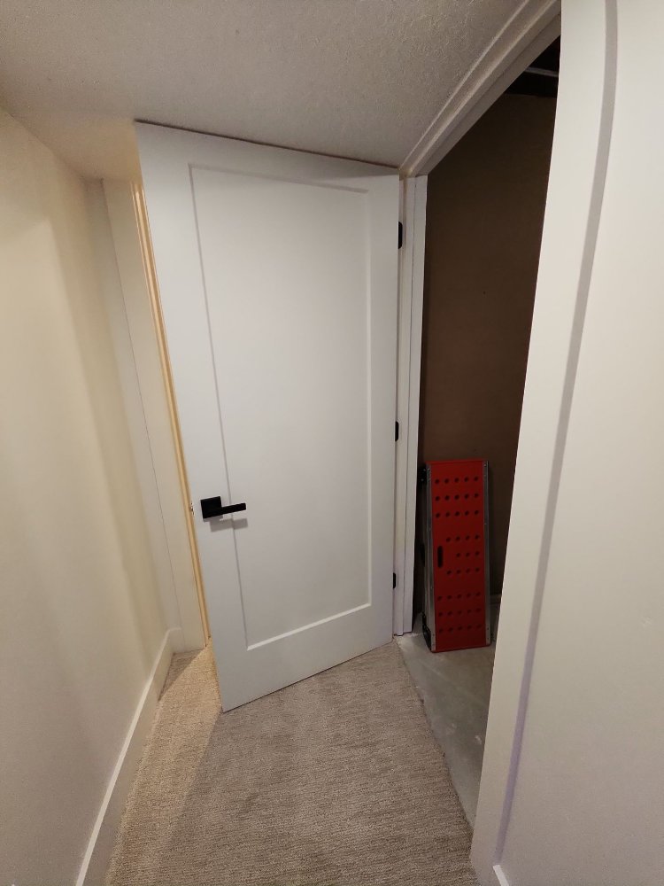 Basement utility closet entrance featuring modern shaker-style door details from a RemodelCo renovation in Daybreak, UT.-optimized
