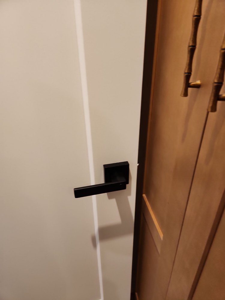 Black modern lever door handle installed on a white interior door during a RemodelCo basement finish project in Daybreak, UT.-optimized