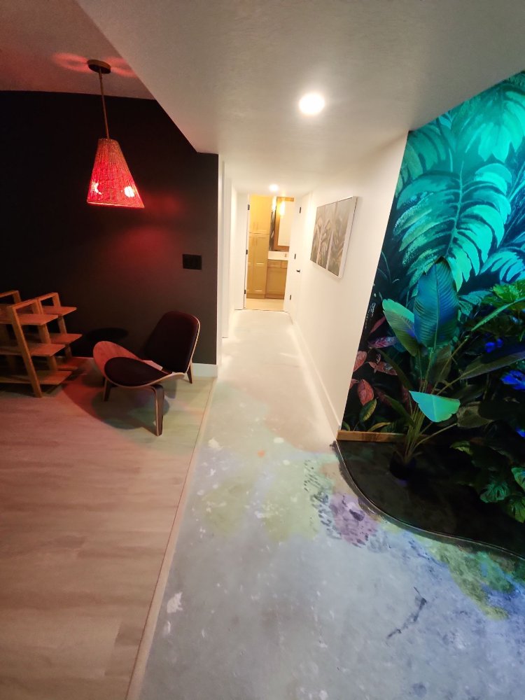 Contemporary basement remodel by RemodelCo in Daybreak, UT with decorative mural artwork and modern seating space.-optimized