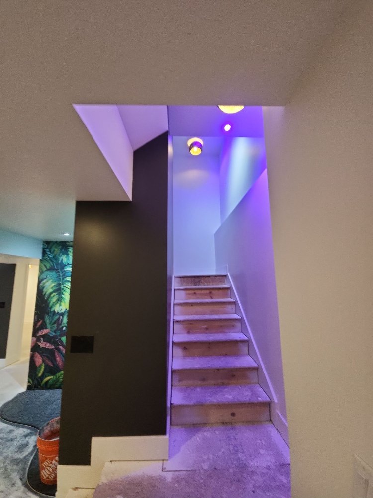 Finished basement stairway featuring contemporary lighting during a RemodelCo renovation in Daybreak, UT.-optimized