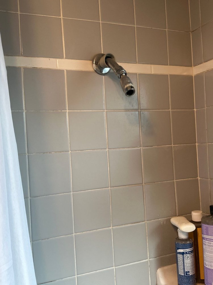 Existing shower fixture and wall tile conditions documented before renovation by RemodelCo in Salt Lake City, UT.-optimized
