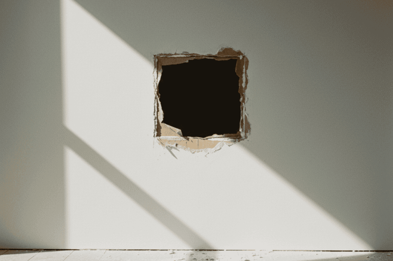 Image of a square hole cut into drywall