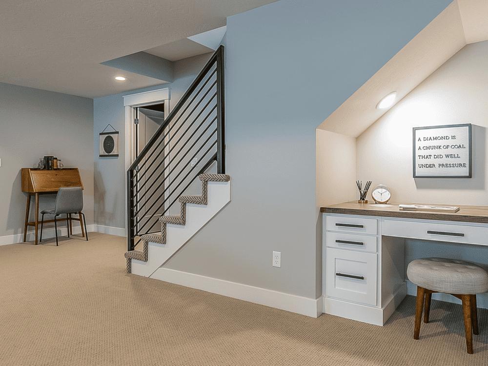 Functional basement office space with integrated storage and contemporary finishes in a Sandy, UT basement remodeling project