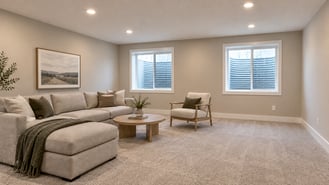 Updated family room with square windows