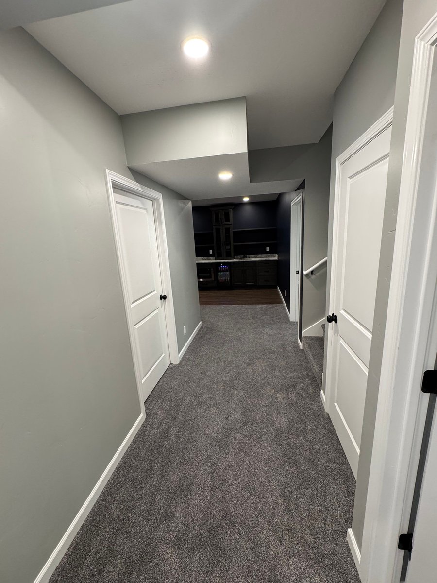 Finished basement hallway with gray carpet, recessed lighting, and white doors.