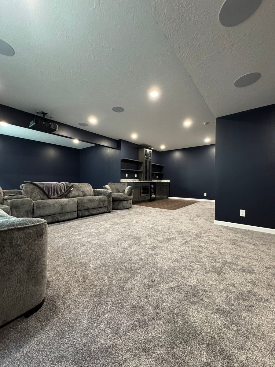 Finished Herriman basement home theater with dark walls and gray carpet.