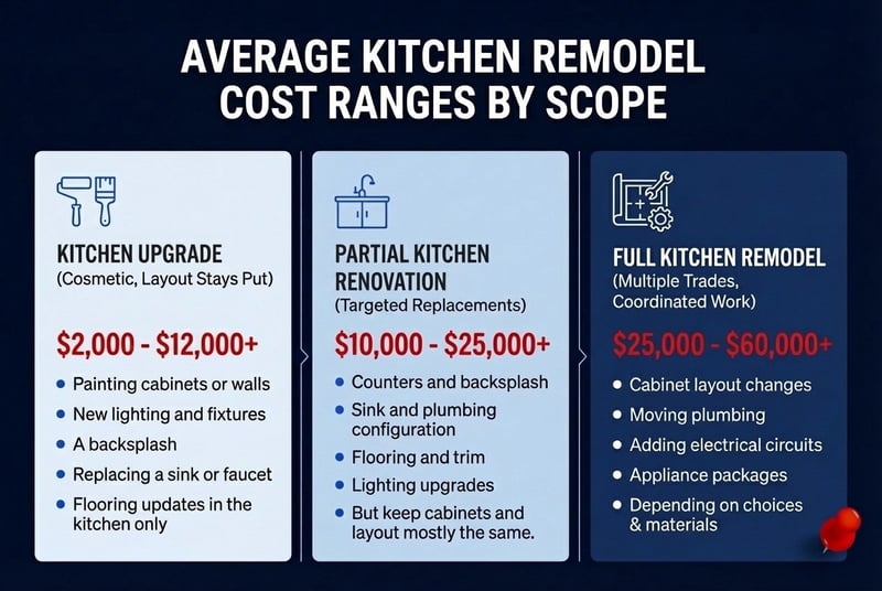 Infographic on the average kitchen remodel cost ranges by scope
