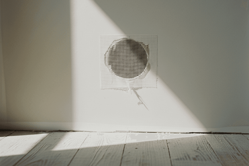 Image of the mesh patch placed over the hole in drywall